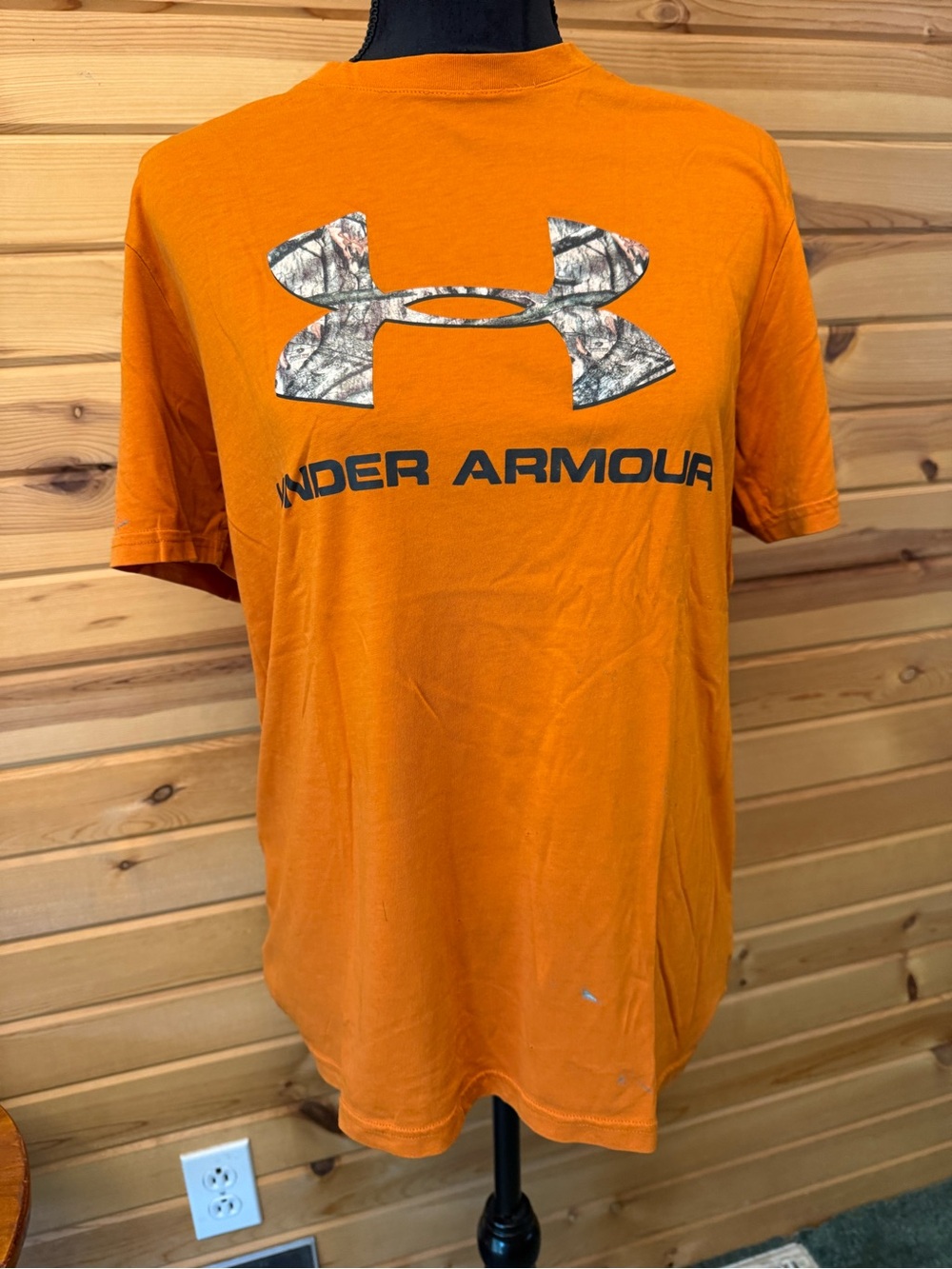 Under Armour Orange Short-Sleeve Tee with Camo UA Logo and Black Text